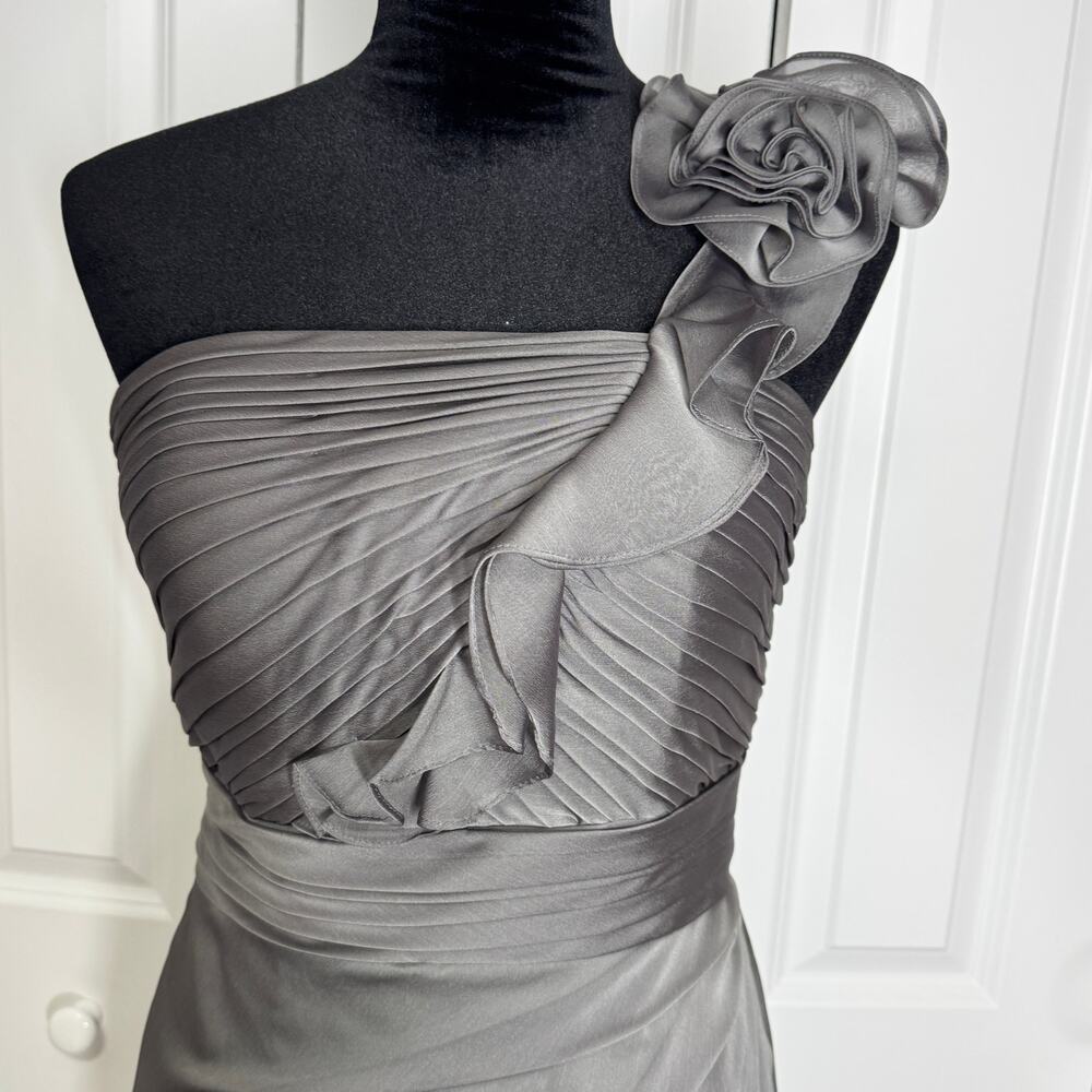 BARI JAY Gray One Shoulder Grecian Dress Pleated Chiffon Bridesmaid Formal Gown - Picture 4 of 15